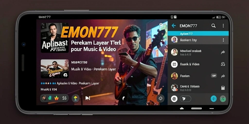 Antarmuka EMON777 saat merekam layar dengan fitur musik dan video.