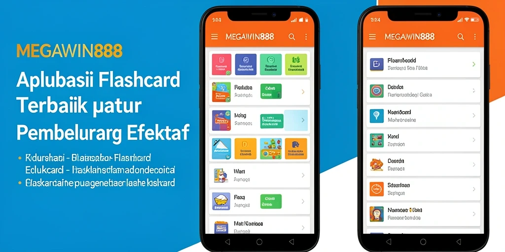 Tampilan antarmuka pengguna aplikasi MEGAWIN888 dengan koleksi flashcard.