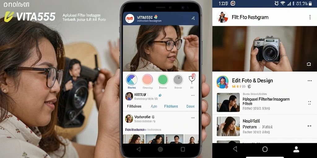 Tampilan antarmuka VITA555 dengan pilihan filter Instagram yang beragam.